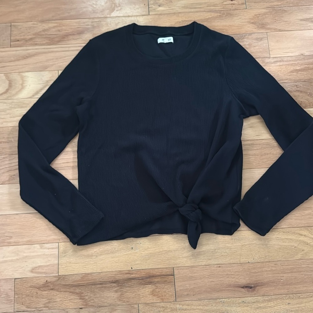 Madewell | Texture & Thread Jacquard Knot Front Top | Black Long Sleeve Crew | L